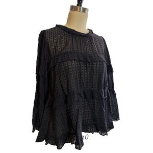 Isabel Marant Etoile Ykaria Ruffle Blouse Black Flocked Cotton Size 40